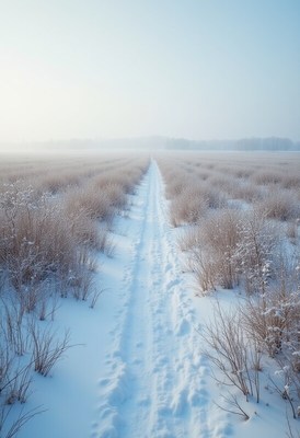 Snowy path through winter landscape