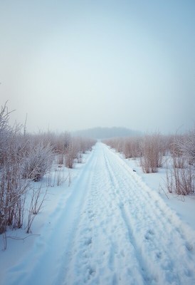 Snowy path through winter landscape