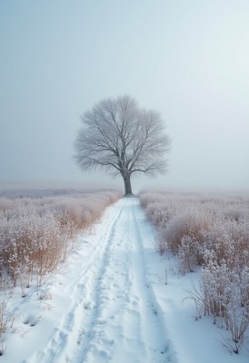 Snowy path leads to solitary tree