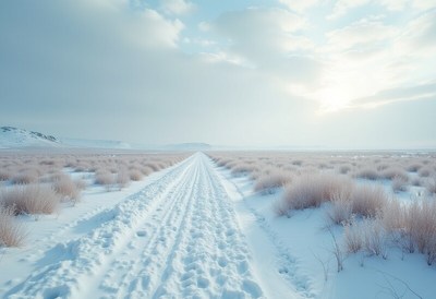 Snowy path through frozen landscape
