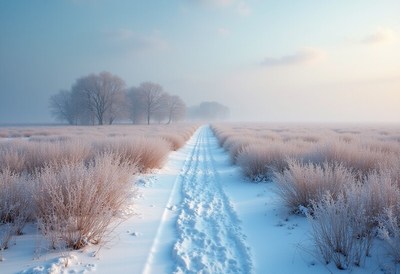 Snowy path through winter landscape