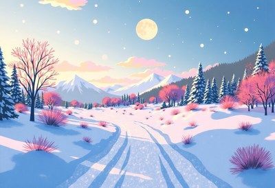 Winter landscape with pink trees