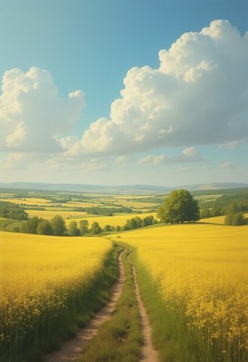 Bright sunny pathway through fields