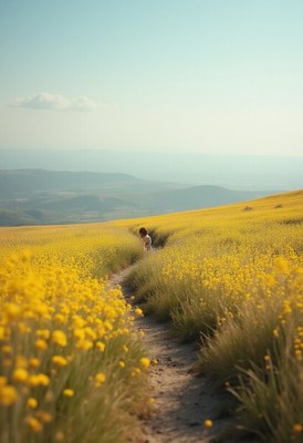 Walking through golden fields of flowers