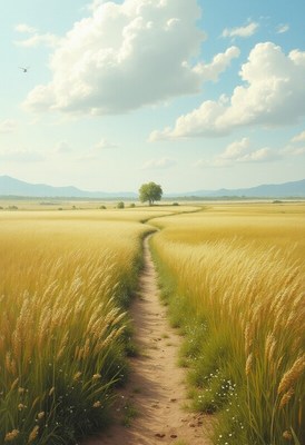 Scenic pathway through golden fields