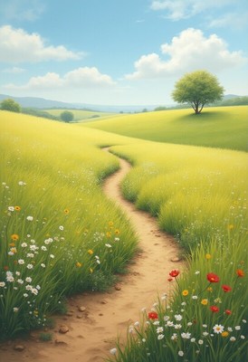 Scenic pathway through vibrant fields
