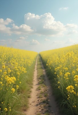 Path through yellow flower fields