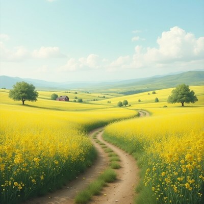 Bright yellow fields under blue skies