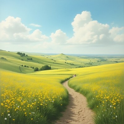 Bright yellow fields under blue skies