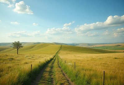 Serene pathway through green hills