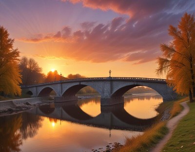 Bridge at sunset in autumn