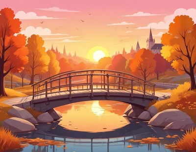 Serene autumn sunset over a bridge