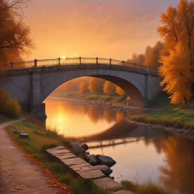 Sunset over a peaceful river bridge