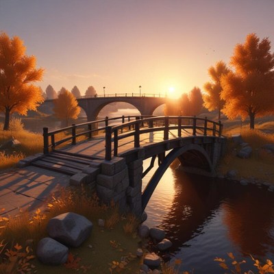 Scenic autumn bridge at sunset