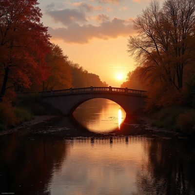 Autumn sunset over serene bridge