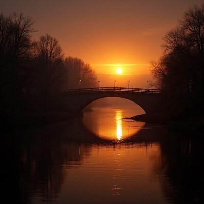 Sunset over tranquil river bridge