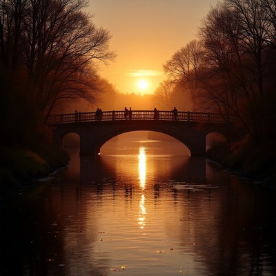 Sunset over tranquil river bridge