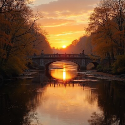 Sunset over a tranquil river bridge