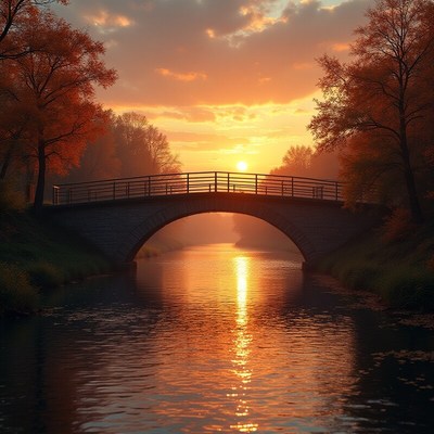 Sunset view over the river bridge