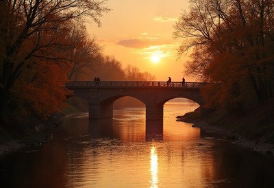 Sunset over the river bridge