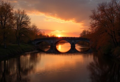 Sunset over a tranquil bridge