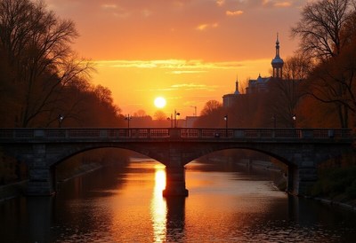 Sunset over the river bridge