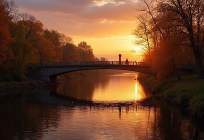 Sunset over tranquil river bridge