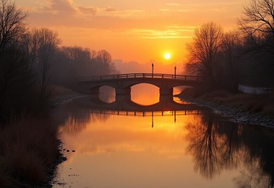 Sunset over tranquil river bridge