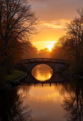 Sunset reflection over bridge