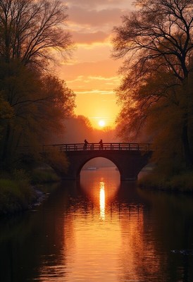 Sunset over peaceful river bridge