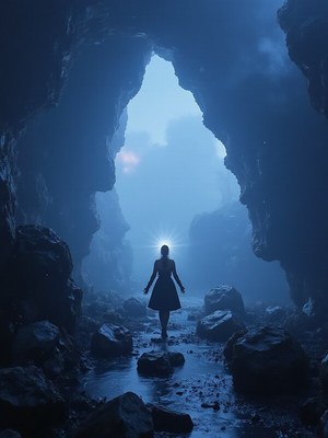 Mysterious figure in cave light