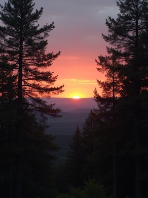 Sunset through the trees in the mountains