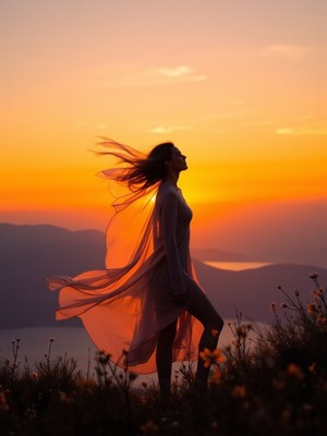 Woman in sunset silhouette