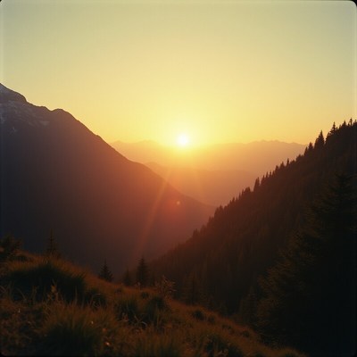 Sunset over mountain valley landscape