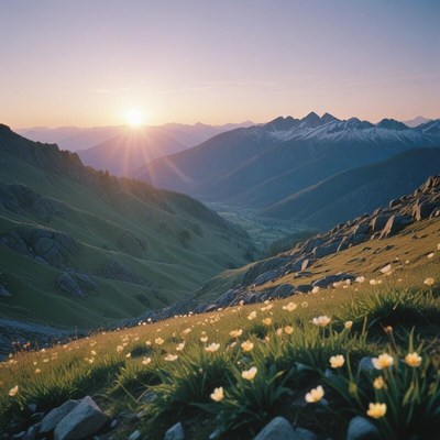 Sunrise over mountain valley with flowers
