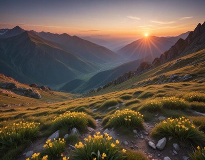 Sunrise over mountain valley with flowers