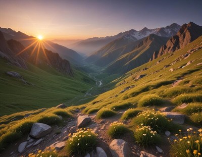 Sunrise over majestic mountain valley