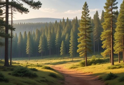 Serene forest path at golden hour
