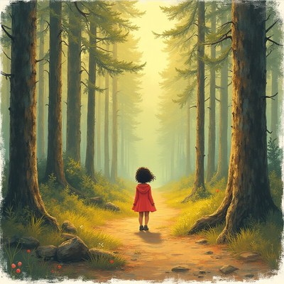 Child walking in enchanted forest