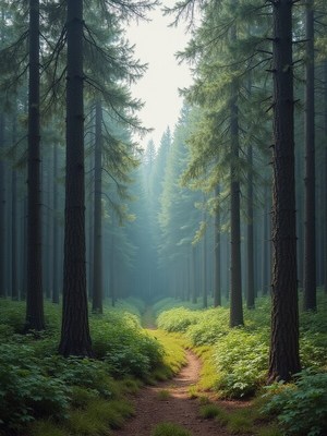 Misty forest path in morning light
