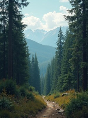 Scenic forest trail with mountains