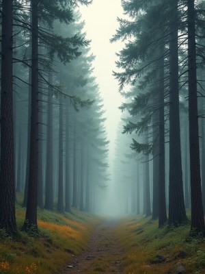 Misty forest pathway at dawn