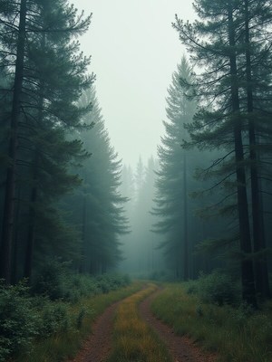 Misty forest path in morning light