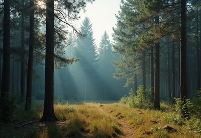 Misty morning in a peaceful forest