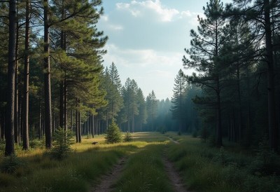 Calm forest path in morning light