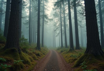 Misty forest path at dusk