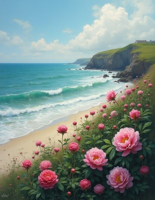 Pink flowers by the ocean shore