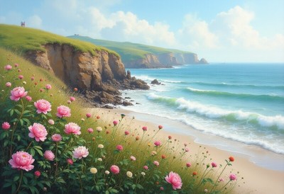 Coastal view with blossoming flowers