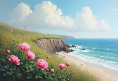 Scenic coastal view with flowers