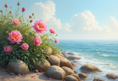 Peonies blooming by the sea
